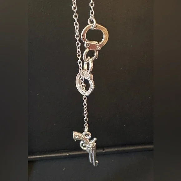 Handcuffs and Pistol Drop Necklace Silvertone - Picture 2 of 4